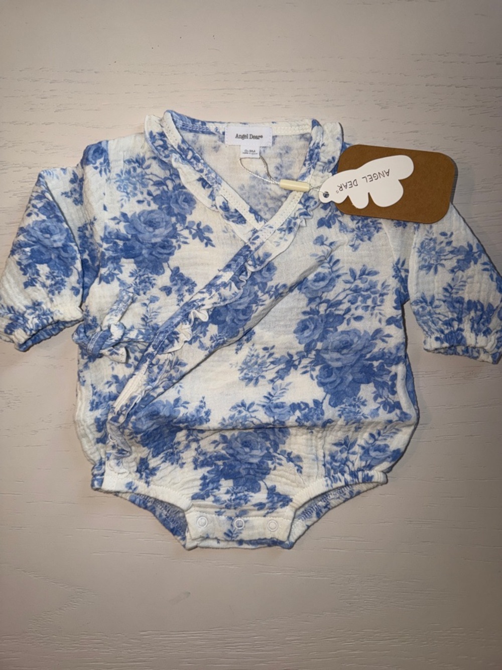 Angel Dear Blue Floral Kimono Ruffle Bodysuit Bubble 0-3 3-6 6-12 months